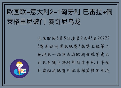 欧国联-意大利2-1匈牙利 巴雷拉+佩莱格里尼破门 曼奇尼乌龙