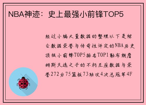 NBA神迹：史上最强小前锋TOP5