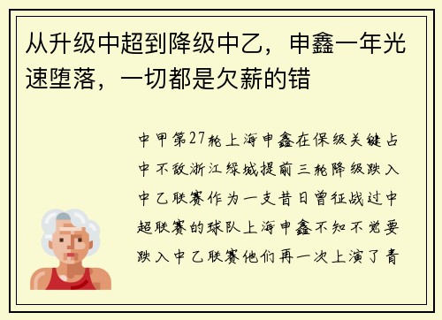 从升级中超到降级中乙，申鑫一年光速堕落，一切都是欠薪的错